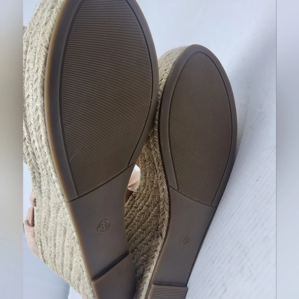 New‎ Blush Pink Espadrille Wedge Sandals Suede Ankle Tie Platforms Size 9.5